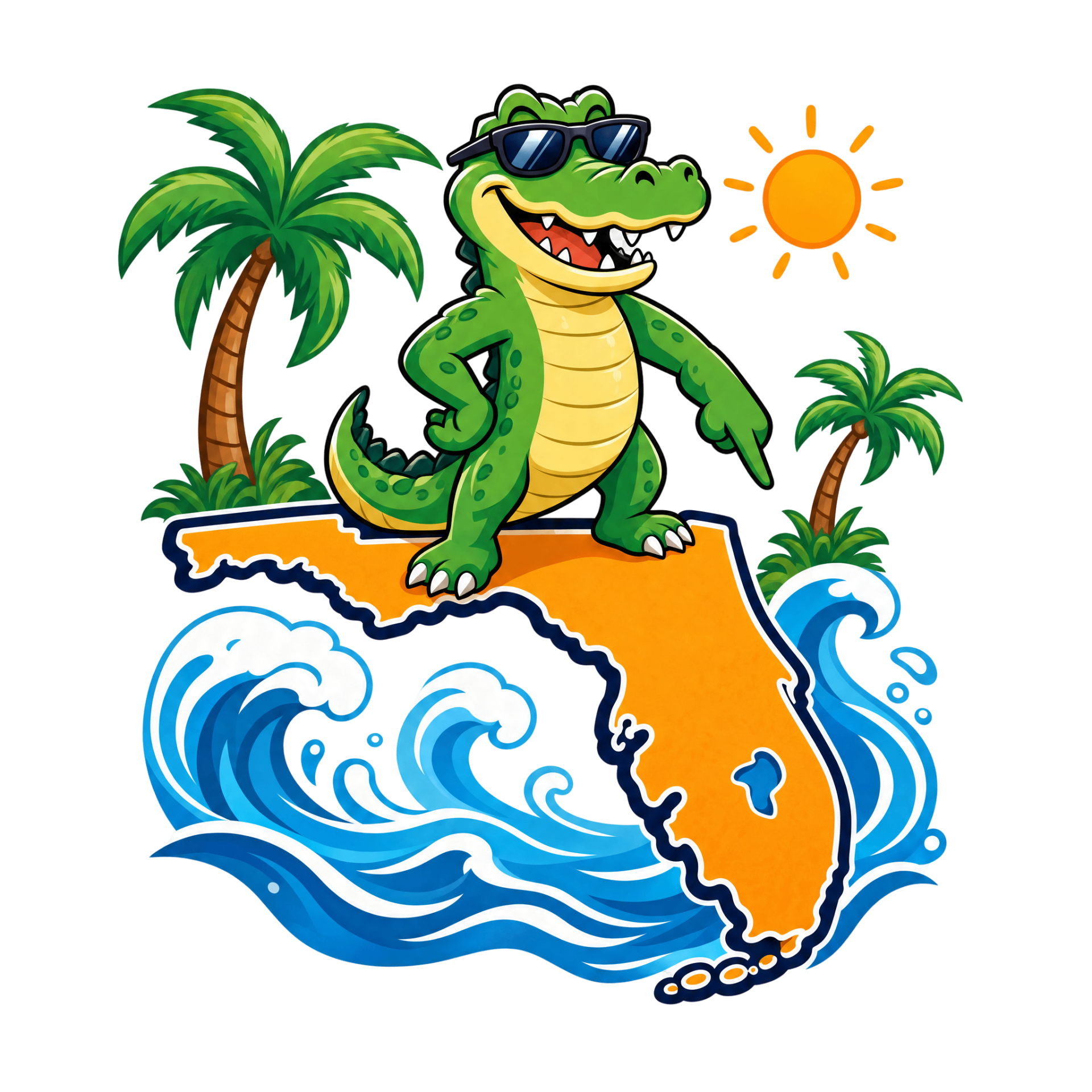 Gator mascot standing on the map of Florida