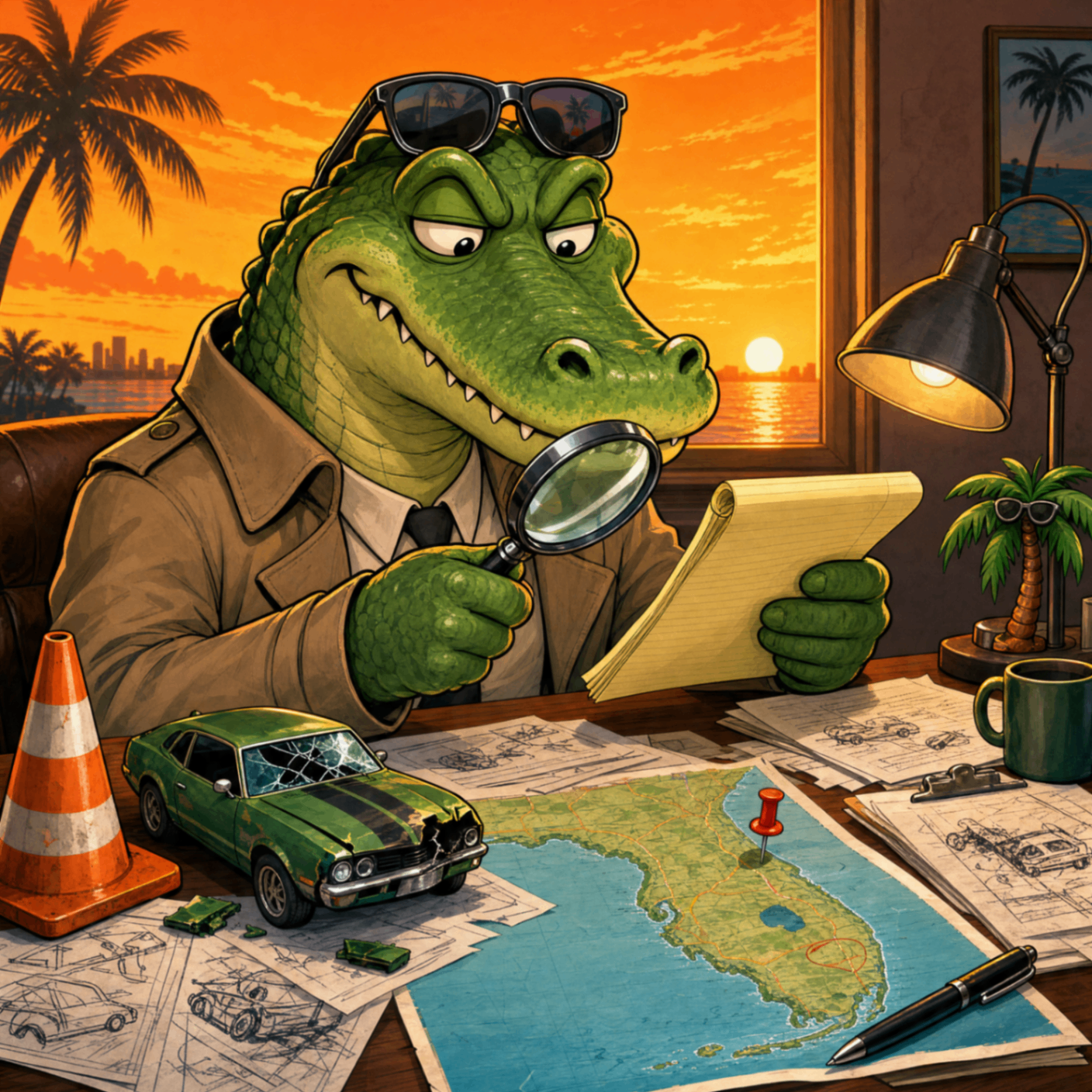Detective-style Bite 2 Win gator reviewing accident notes and a Florida map