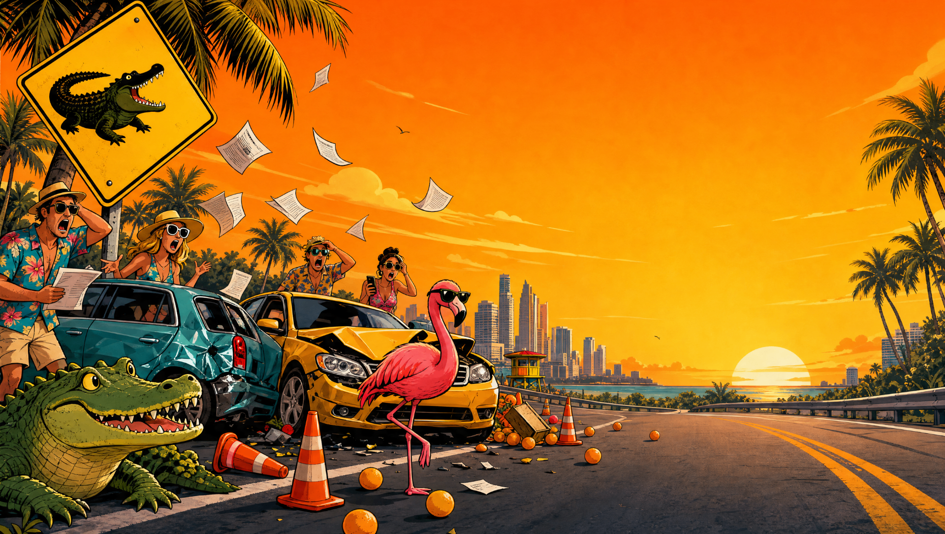 Chaotic Florida sunset crash scene with damaged cars, cones, and a gator by the roadside