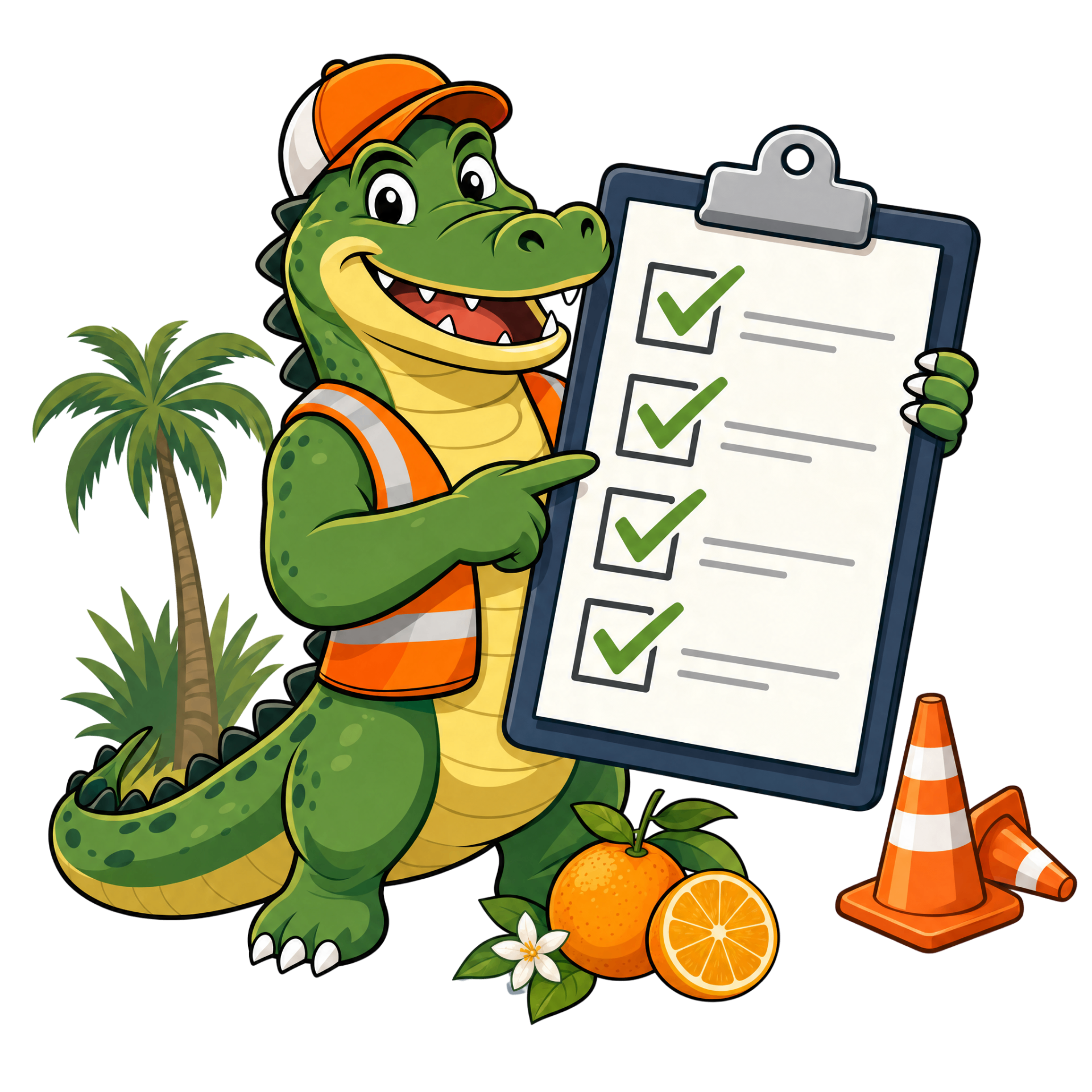 Bite 2 Win gator holding a checklist pointing toward the case check form